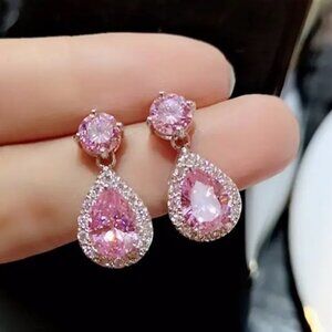 Pink Colorful Waterdrop Earrings Zicon Double‎ Pear Crystal with Silver